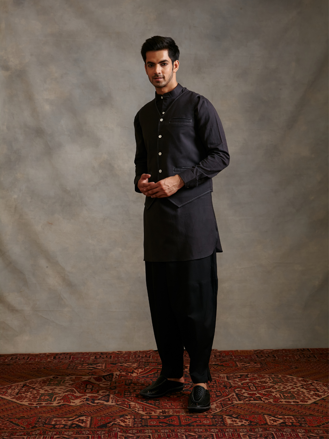 Ash grey sequined kurta with black pants and dupatta - Set Of Three by The  Weave Story | The Secret Label